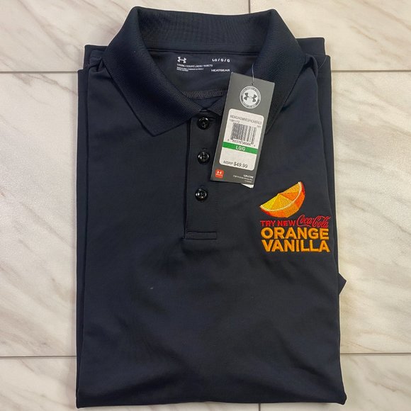 Under Armour Black Golf Polo Heat Gear Coca Cola Orange Vanilla NWT Large L - Picture 1 of 6